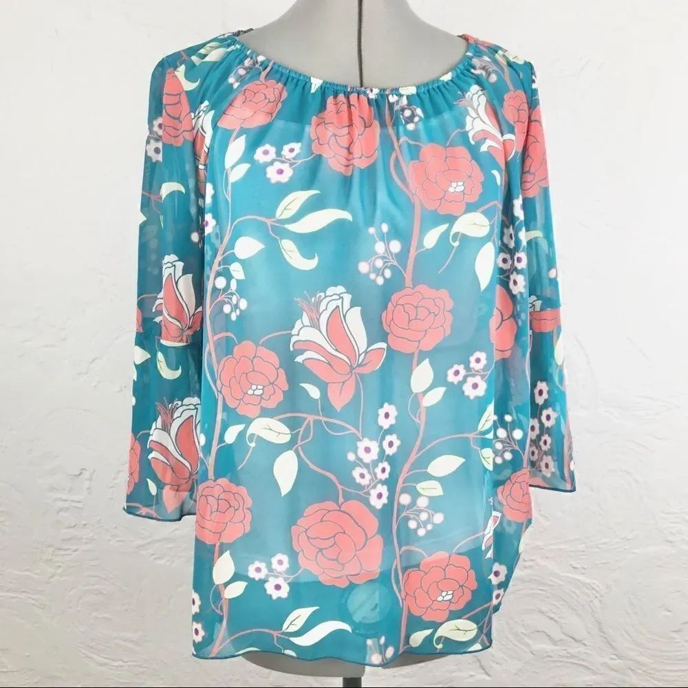 Ahto Teal with Peach Floral Flutter Sleeve Blouse
